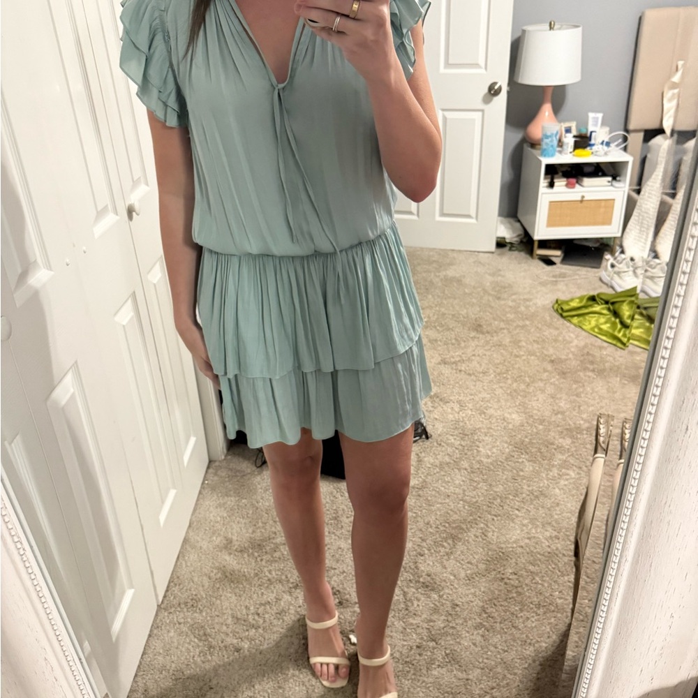 Mustard Seed Green Pleated Flutter Sleeve Mini Dress